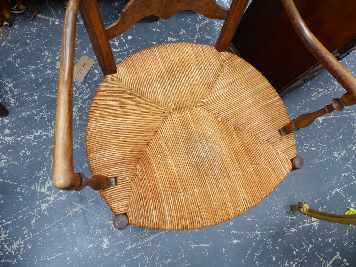 TWO FRENCH RUSH SEATED LADDER BACK ARMCHAIRS. - Image 4 of 5