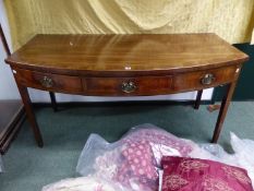 A GEORGIAN MAHOGANY AND LINE INLAID BOW FRONT THREE DRAWER SERVING TABLE ON SHAPED SQUARE TAPERED