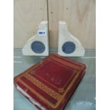 A PAIR OF BOOKENDS WITH LIMESTONE FROM THE HOUSES OF PARLIAMENT, POSTAGE STAMPS, A PENCIL DRAWING OF