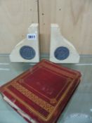 A PAIR OF BOOKENDS WITH LIMESTONE FROM THE HOUSES OF PARLIAMENT, POSTAGE STAMPS, A PENCIL DRAWING OF