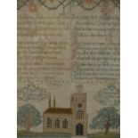 MARY DUFFETS EARLY 19th.C.SAMPLER WORKED WITH RELIGIOUS VERSES ABOVE A CHURCH WITHIN FLOWERING