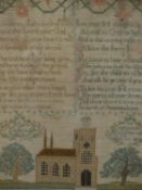 MARY DUFFETS EARLY 19th.C.SAMPLER WORKED WITH RELIGIOUS VERSES ABOVE A CHURCH WITHIN FLOWERING