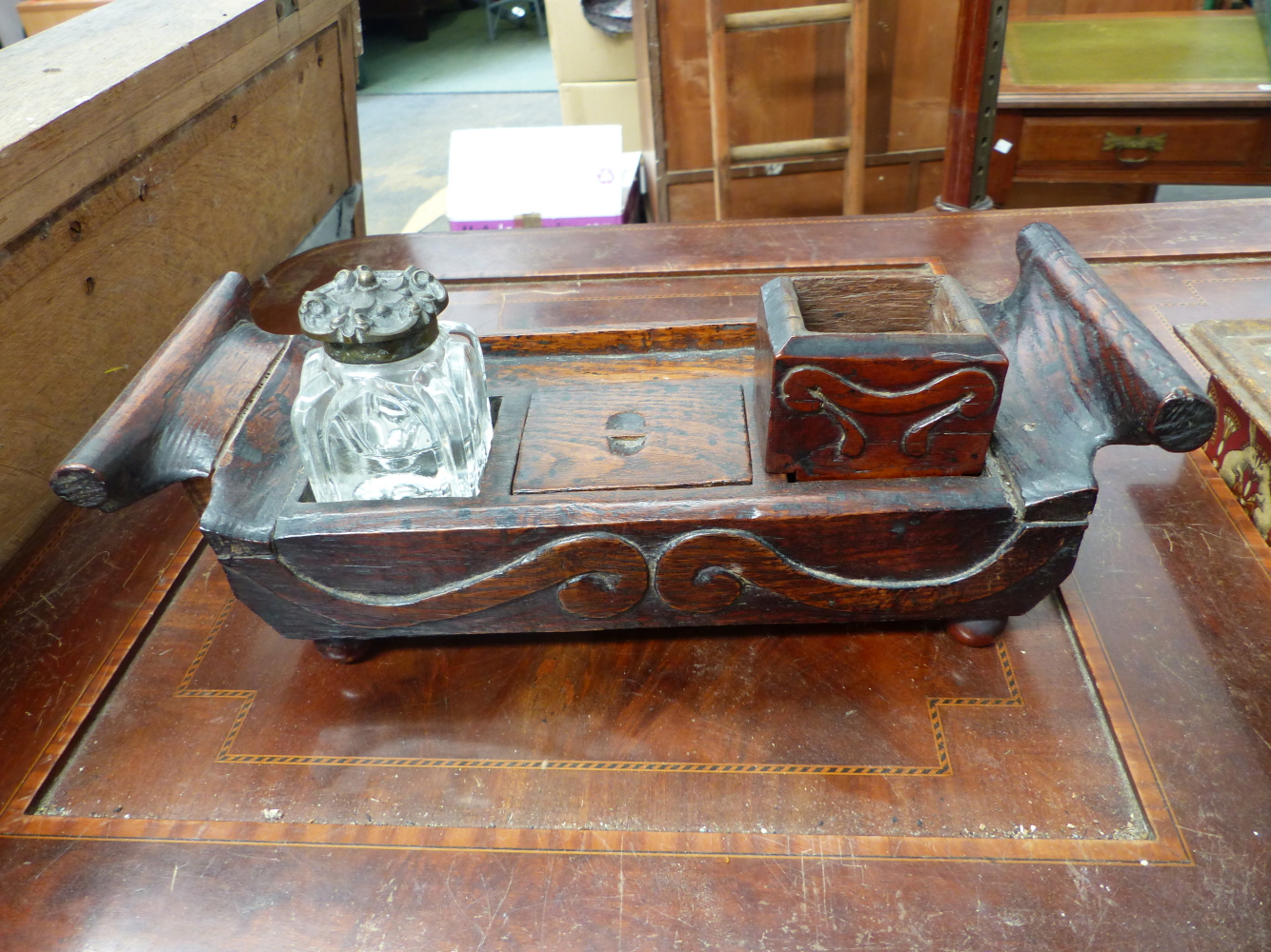 A 19th.C. MAHOGANY SLIDE TOP BOX CONTAINING DOMINOES, A RUSTIC OAK DESK STAND, A LEATHER BOUND - Image 8 of 9