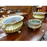 A PAIR OF CONTINENTAL ANTIQUE BRASS PLANTERS, EACH WITH OVAL RIMS ABOVE LION MASK AND RING