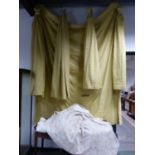 TWO PAIRS OF GOLD FLORAL PATTERN LINED CURTAINS WITH A LARGE MATCHING PANEL. TOGETHER WITH A PAIR OF