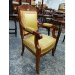 A PAIR OF BURR WALNUT AND INLAID FRENCH EMPIRE ARMCHAIRS WITH GOLD SILK UPHOLSTERY.