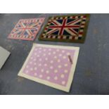 TWO INDIAN RUGS OF UNION JACK DESIGN. 92 x 122cms, TOGETHER WITH A LAURA ASHLEY MAT (3).