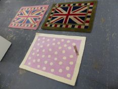 TWO INDIAN RUGS OF UNION JACK DESIGN. 92 x 122cms, TOGETHER WITH A LAURA ASHLEY MAT (3).