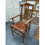 A SET OF SIX EARLY 20th.C.OAK DINING CHAIRS, INCLUDING TWO ARMCHAIRS WITH LEATHER SEAT PADS (6).