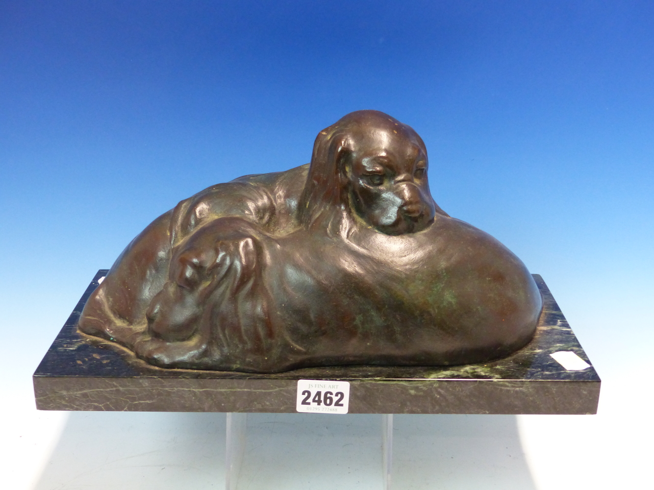 PAULINE BOUMPHREY. 1886-1959, BRONZE GROUP OF TWO SLEEPING SPANIEL PUPPIES ON RECTANGULAR POLISHED - Image 5 of 11