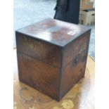 A VICTORIAN BRASS CORNERED WALNUT BOX FOR FOUR DECANTERS, THE HINGED LID INSET WITH PRESENTATION