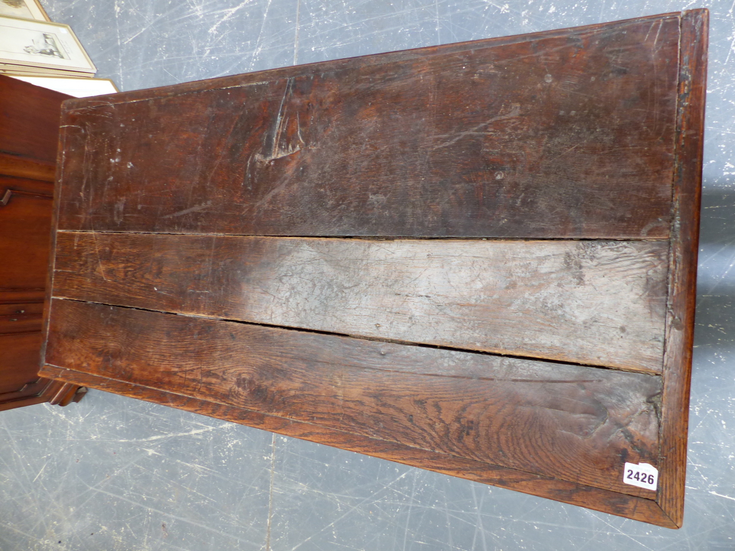 AN 18th.C.AND LATER OAK CABINET ON STAND WITH LONG FRIEZE DRAWER OVER TWO CUPBOARDS AND STRETCHER - Image 6 of 6