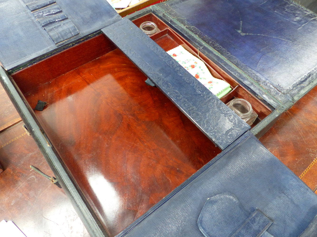 A 19th.C. MAHOGANY SLIDE TOP BOX CONTAINING DOMINOES, A RUSTIC OAK DESK STAND, A LEATHER BOUND - Image 2 of 9