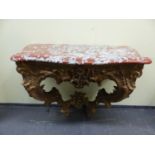 AN ANTIQUE FRENCH CARVED GILTWOOD LOUIS XV MARBLE TOP CONSOLE TABLE.