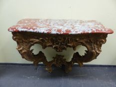 AN ANTIQUE FRENCH CARVED GILTWOOD LOUIS XV MARBLE TOP CONSOLE TABLE.