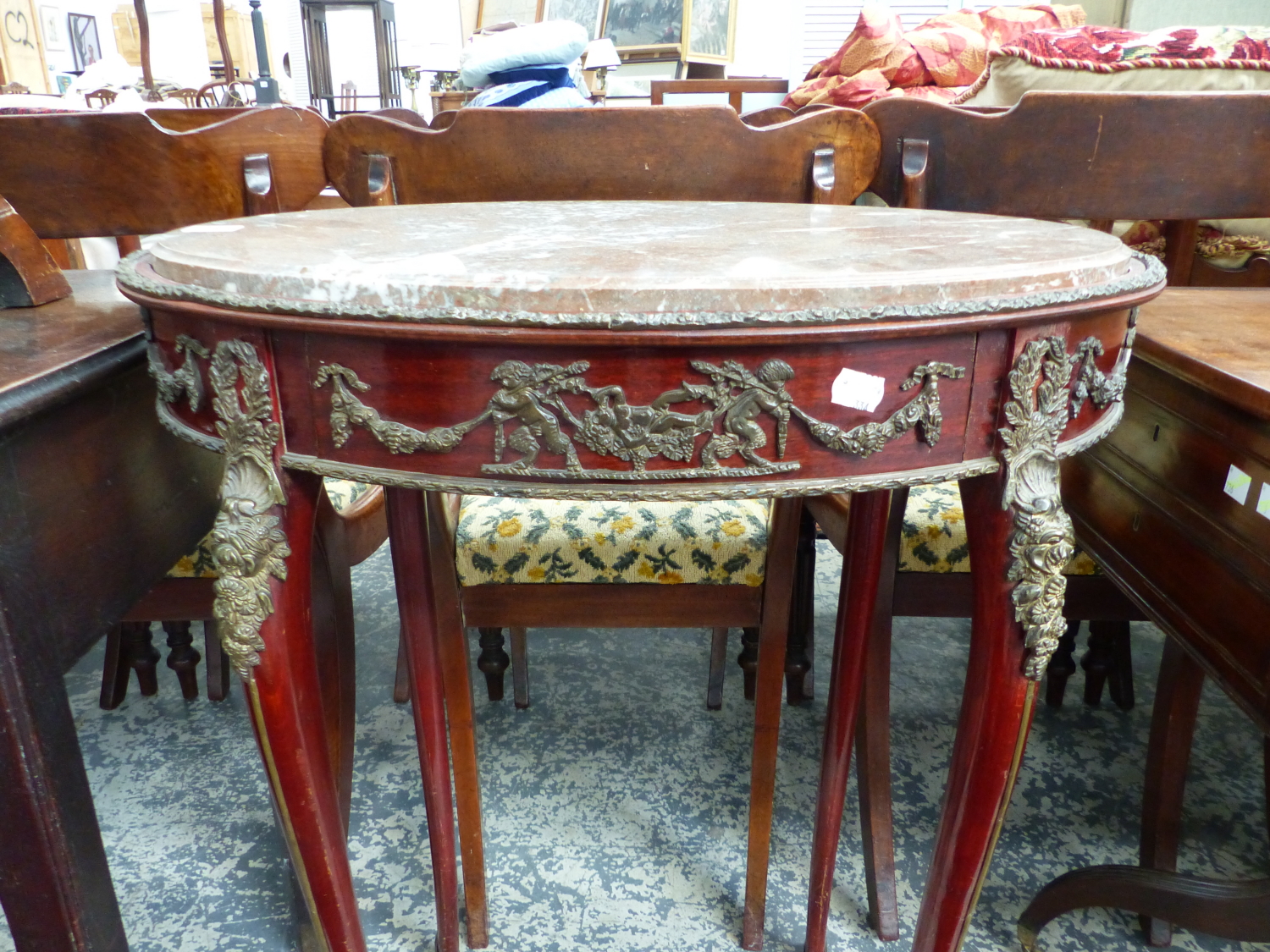 A FRENCH OVAL MARBLE TOP TABLE WITH ORMOLU MOUNTS AND FITTED DRAWER. 58 x 38cms. - Image 3 of 6