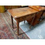 AN 18th.C.YEW WOOD COUNTRY SIDE TABLE WITH FRIEZE DRAWER ON SQUARE TAPERED LEGS. W.77 x D.44 x H.