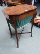 A REGENCY MAHOGANY AND ROSEWOOD INLAID SEWING TABLE WITH RISING TOP. W.51 x D.38 x H.74cms.