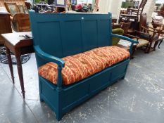 A 19th.C.PANEL BACK BOX SEAT/HALL SETTLE. W.168 x D.67 x H.119cms. SEAT H.46cms.