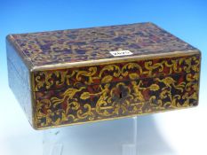 A BOULLE BOX, THE RECTANGULAR HINGED LID INLAID WITH BRASS SINGERIES ON A TORTOISESHELL GROUND. W
