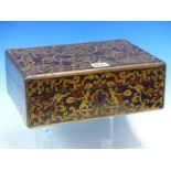 A BOULLE BOX, THE RECTANGULAR HINGED LID INLAID WITH BRASS SINGERIES ON A TORTOISESHELL GROUND. W