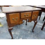 AN 18th.C.STYLE OAK LOWBOY WITH THREE DRAWERS OVER CABRIOLE LEGS. W.76 x D.48 x H.72cms.