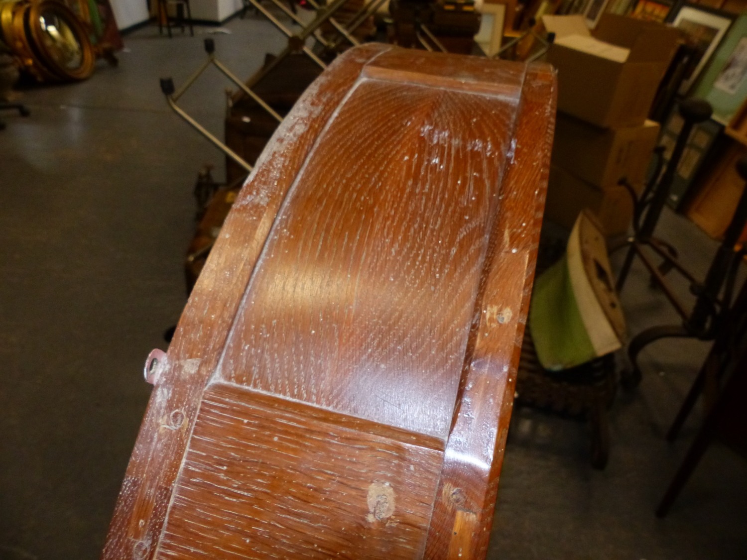 AN ARTS AND CRAFTS ACORN MAN OAK PANEL BACK ARCHED TOP BOOKCASE WITH ADZE FINISH. W.93 x D.17 x H. - Image 4 of 14