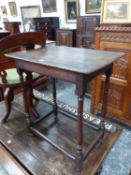 A SMALL 18th.C.OAK SIDE TABLE ON TURNED SUPPORTS AND BOX STRETCHER. W.66 x D.45 x H.72cms.