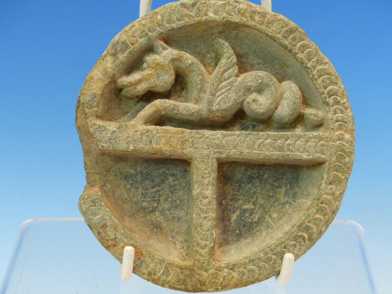 A GREEN SOAPSTONE ROUNDEL CARVED IN RELIEF WITH A DRAGON ON A T BAR. Dia 11.5cms. A DIAMOND SHAPED - Image 2 of 11