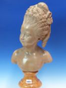 A POTTERY BUST OF AN 18th C. GIRL, POSSIBLY AFTER HOUDON BUST OF LOUISE BRONGNIART, HER HAIRSTYLE