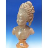 A POTTERY BUST OF AN 18th C. GIRL, POSSIBLY AFTER HOUDON BUST OF LOUISE BRONGNIART, HER HAIRSTYLE