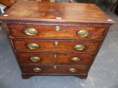 A 19th.C.MAHOGANY CHEST OF FOUR GRADUATED LONG DRAWERS ON BRACKET FEET. W.77 x L.42 x H.77cms.