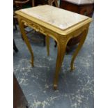 A FRENCH GILTWOOD SIDE TABLE WITH MARBLE INSET TOP ON SLENDER CARVED CABRIOLE LEGS.