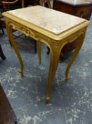 A FRENCH GILTWOOD SIDE TABLE WITH MARBLE INSET TOP ON SLENDER CARVED CABRIOLE LEGS.