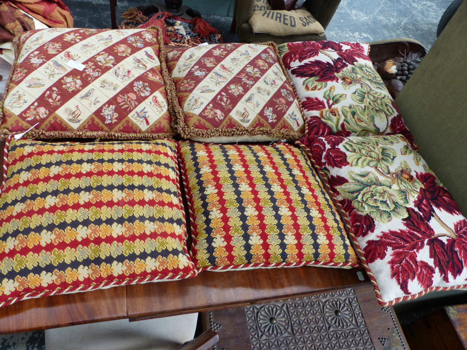 SIX NEEDLEPOINT SCATTER CUSHIONS.