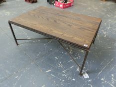 A MODERNIST COFFEE TABLE WITH SQUARE SECTION WROUGHT IRON BASE AND OAK PLANK TOP. 120 x 80 x H.