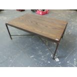 A MODERNIST COFFEE TABLE WITH SQUARE SECTION WROUGHT IRON BASE AND OAK PLANK TOP. 120 x 80 x H.