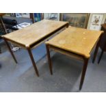 TWO SIMILAR PINE TABLES, THE RECTANGULAR TOPS WITH ROUNDEL CORNERS OVER THE TOPS OF THE TAPERING