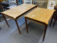 TWO SIMILAR PINE TABLES, THE RECTANGULAR TOPS WITH ROUNDEL CORNERS OVER THE TOPS OF THE TAPERING