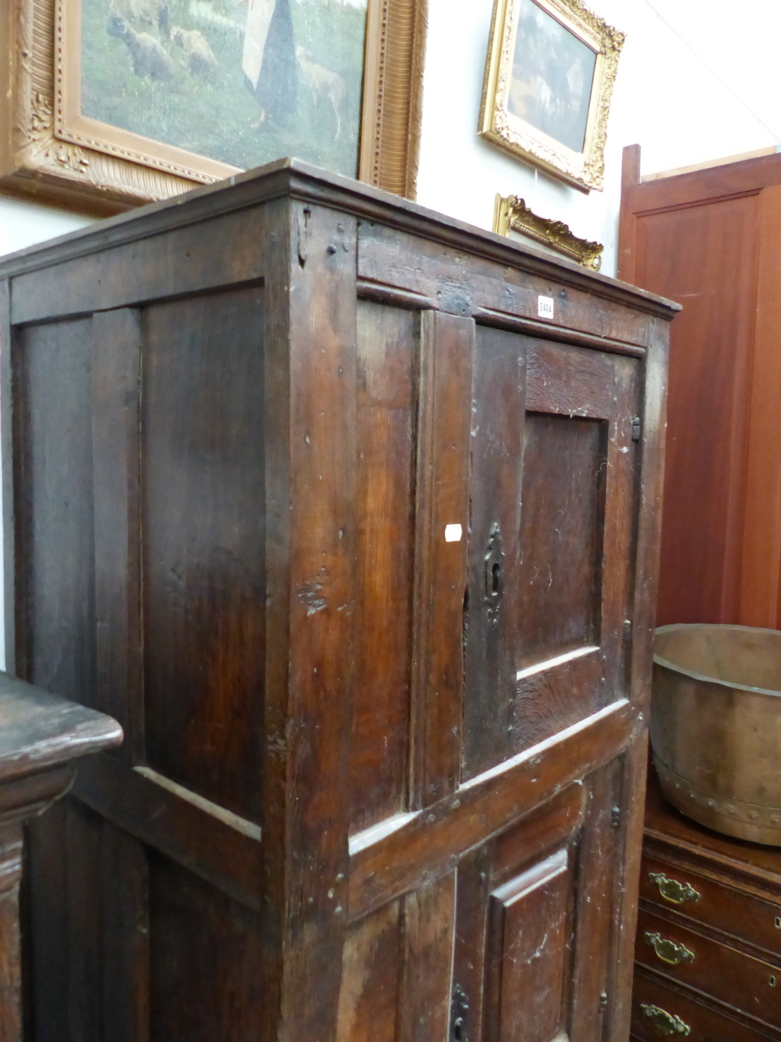 AN 18th.C.AND LATER DUTCH OAK HALL CABINET WITH THREE PANEL DOORS. W.75 x D.55 x H.186cms. - Image 2 of 8