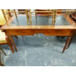 A 19th.C.FRENCH PROVINCIAL WALNUT WRITING TABLE ON TURNED LEGS, 131 x 68 x 74cms.