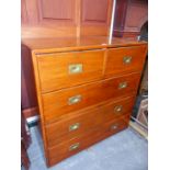 A 19th.C.TEAK CAMPAIGN CHEST IN TWO HALVES WITH TWO SHORT AND THREE LONG DRAWERS. W 91 x D 50 x H