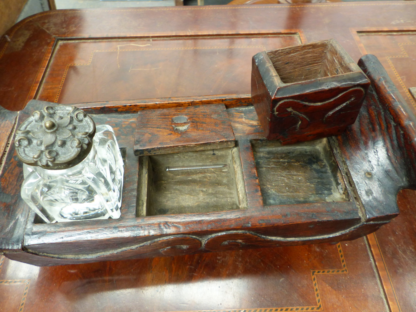 A 19th.C. MAHOGANY SLIDE TOP BOX CONTAINING DOMINOES, A RUSTIC OAK DESK STAND, A LEATHER BOUND - Image 9 of 9
