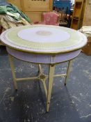 TWO SIMILAR CREAM PAINTED ROUND TABLES GILT OUTSIDE THE MAUVE BAND ON THE TOPS, THE TAPERING