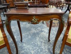 A SMALL FRENCH WALNUT AND BRONZE MOUNTED WRITING TABLE WITH LEATHER INSET TOP. W.78 x D.52 x H.