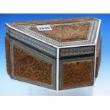 AN INDIAN CARVED WOOD AND INLAID STATIONERY BOX, RELIEF CARVED WITH OVALS OF SARUMAN, RAMA, SITA AND