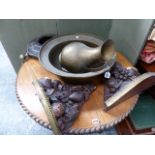 AN ANTIQUE CHINESE EXPORT BRASS JUG AND BASIN, ETCHED FLORAL DECORATION, TOGETHER WITH TWO ANTIQUE