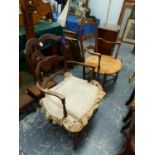 TWO FRENCH RUSH SEATED LADDER BACK ARMCHAIRS.