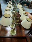 SET OF SIX HEAVY BRASS LIBRARY/READING ROOM TABLE LAMPS, EACH WITH TWO LIGHTS, SCROLL ARMS. H