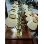 SET OF SIX HEAVY BRASS LIBRARY/READING ROOM TABLE LAMPS, EACH WITH TWO LIGHTS, SCROLL ARMS. H